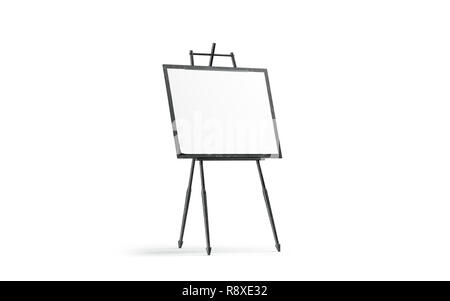 Blank white art canvas stand on black wooden easel mockup, isolated, 3d rendering. Empty sketch mock up, side view. Tripod with banner for school or studio. Clear exhibition painting template. Stock Photo