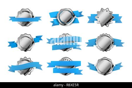 Large set of bright silver retro labels, badges with blue tapes isolated on white Stock Vector