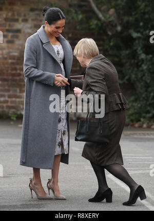 The Duchess of Sussex arrives for a visit to the Royal Variety Charity's residential nursing and care home, Brinsworth House, in Twickenham, west London. Stock Photo