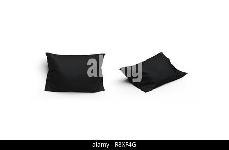 Blank black pillow mockup set, front and side view, isolated, 3d rendering. Empty soft shell for pilow mock up. Clear textile bedclothes template. Stock Photo