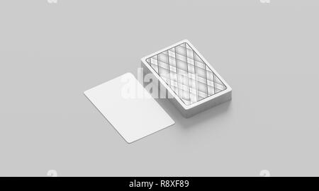 Blank white playing card with deck shirt mockup, isolated, 3d rendering. Empty cards stack mock up, side view. Clear taro pack design template. Stock Photo