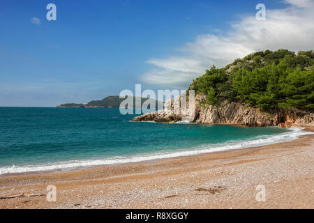 The island of Sveti Nikola from Miločer Plaža, near Budva, Montenegro Stock Photo