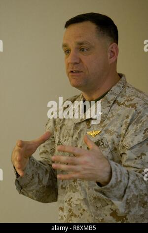U.S. Marine Corps LtCol. Guy G. Berry, strategy and plans with Headquarters Marine (HQMC) gives a period of instruction about the Aircraft Maintenance Officer Course (AAMOC) at Marine Corps Air Station Yuma, Ariz., on Mar. 14, 2017. AAMOC will empower Aircraft Maintenance Officers with leadership tools, greater technical knowledge, and standardized practices through rigorous academics and hands on training in order to decrease ground related mishaps and increase sortie generation.