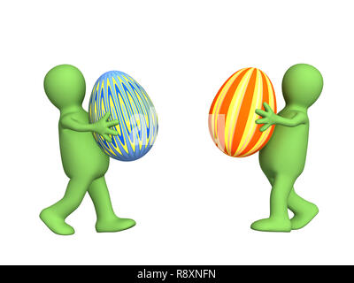 Two 3d persons - puppets, carrying easter eggs. Objects over white Stock Photo