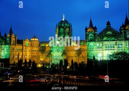 illuminated Victoria Terminus VT now at Chhatrapati Shivaji Terminus station CST Railway Station Victoria Terminus, Bombay Mumbai, Maharashtra, India Stock Photo