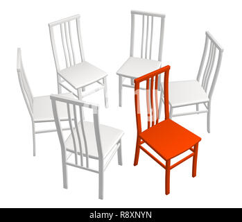 One red chair in a row of white chairs. Objects over white Stock Photo