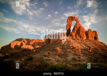 Abstract Rock formation at plateau Ennedi aka window arch at sunrise, in Chad Stock Photo