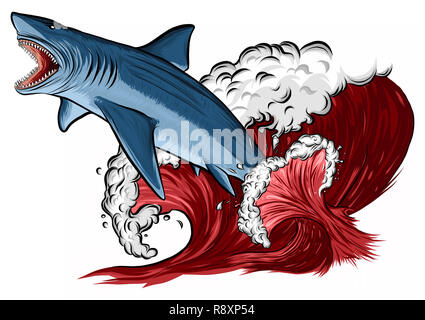 Shark jump with open mouth in the sea. Shark isolation on a white background. Flat  illustration Stock Photo