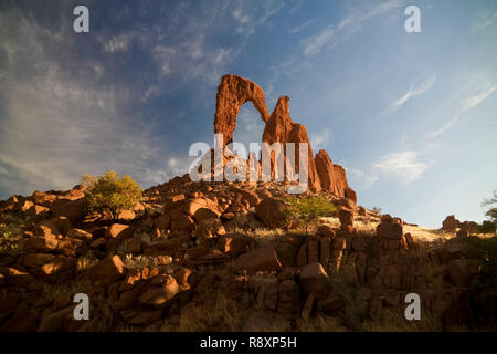 Abstract Rock formation at plateau Ennedi aka window arch at sunrise, in Chad Stock Photo