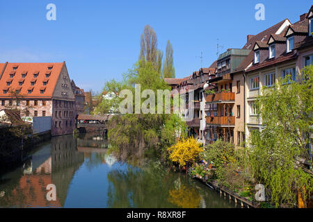 View from the Karls bridge to the Henkersteg, residential houses at thePegnitz river, old town, Nuremberg, Franconia, Bavaria, Germany, Europe Stock Photo