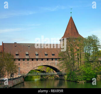 Hallertor and Kettensteg at Pegnitz river, old town, Nuremberg, Franconia, Bavaria, Germany, Europe Stock Photo