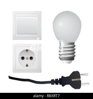 Socket with plug, light bulb. Set of electrical equipment. Vector illustration Stock Vector