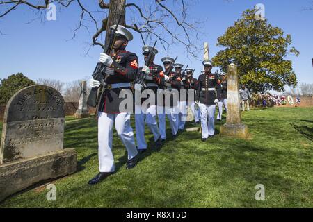 Members of the Marine Corps Base Quantico ceremonial platoon rifle detail march during the annual Madison wreath laying ceremony at the final resting place of the 4th President of the United States, James Madison, at his home at Montpelier, Orange, Va., March 16, 2017. This event was held in commemoration of the 266th anniversary of the birthdate of Madison, and has also been decreed as James Madison Appreciation Day for the Commonwealth of Virginia. Stock Photo