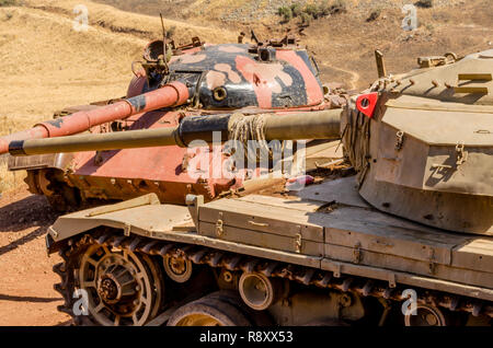 Syrian T62 tank facing an Israeli Centurion tank on the Valley of Tears from the Yom Kippur War in Israel in 1973 Stock Photo