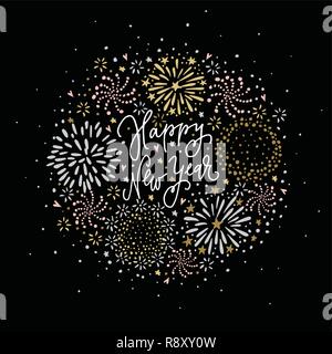 Happy New Year greeting card, invitation. Set of hand drawn silver and golden fireworks, stars and sparks with white handlettered text on black background. Celebration concept. Modern vector illustration. Stock Vector