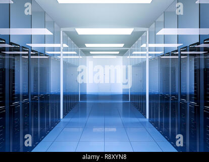 Network and internet communication technology in data center server room interior, 3D Rendering Stock Photo