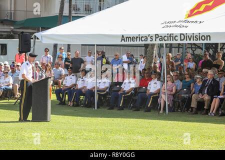 Brig. Gen. J.B. Vowell and the 25th Infantry Division host the Commemoration of the U.S. Army's Actions on December 7, 1941, on Dec. 7, 2018, at Fort DeRussy, Honolulu, Hawaii. The event marked 77 years since the surprise attack on the island of Oahu. Stock Photo