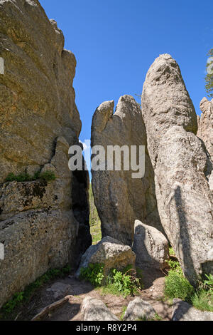 Narrow Path Between the Rocks near the Cathedral Peaks in Custer State Park in Black Hills in South Dakota Stock Photo