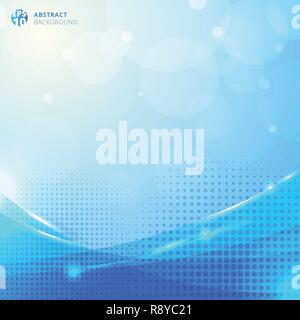 Abstract circles and halftone with lighting effect and bokeh on blue background. Vector illustration Stock Vector