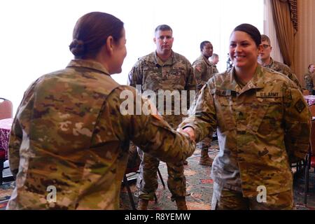 U.S. Army Command Sgt. Maj. Sheryl Lyon (left), the U.S. Army Europe senior enlisted advisor, shakes hands with a chaplain assistant (right), assigned to the 44th Expeditionary Signal Battalion, 2nd Signal Brigade, during the Operational Religious Support Leadership Training (ORSLT), at the Edelweiss Lodge and Resort in Garmisch, Germany, March 16, 2017. U.S. Army Europe’s ORSLT is an annual training for U.S. Army chaplains and chaplain assistants, from all over Europe, to work together to provide more religious support to the different units located all over Europe. Stock Photo