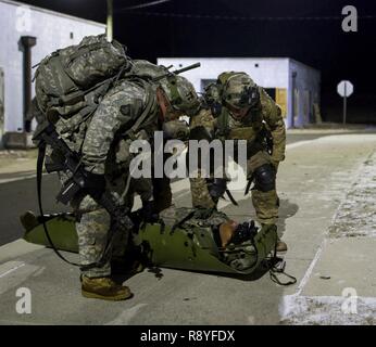 U.S. Army Soldiers assigned to the 101st Airborne Division (Air Assault) conduct a nighttime raid at a training site outside of Joint Base McGuire-Dix-Lakehurst, N.J., on March 16, 2017, as a part of Warrior Exercise 78-17-01 which is designed to assess units’ combat capabilities.  Army Reserve Soldiers assigned to the 363rd Military Police Company served as the oppositional force for Easy Company, 2nd Battalion, 506th Infantry Regiment, 101st Airborne Division during the exercise. Roughly 60 units from the U.S. Army Reserve, U.S. Army, U.S. Air Force, and Canadian Armed Forces are participati Stock Photo