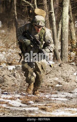A U.S. Army Soldier assigned to Company A (Easy Company), 2nd Battalion, 506th Infantry Regiment, 101st Airborne Division (Air Assault) engages the enemy during a hasty raid training exercise at Warrior Exercise 78-17-01 at Joint Base McGuire-Dix-Lakehurst March 16, 2017. Easy Company kicked off WAREX 78-17-01 during a joint-component airfield seizure on March 13, 2017. Roughly 60 units from the Army Reserve, Army, Air Force, Marine Reserves, and Canadian Armed Forces participated in the 84th Training Command’s joint training exercise, WAREX 78-17-01 from March 8 to April 1, 2017; the WAREX is Stock Photo
