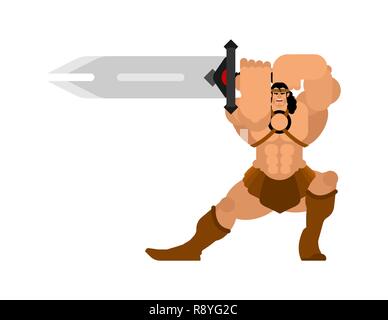 Barbarian with sword. Strong Warrior with weapons Big blade. berserk Brutal man. Strong Powerful Medieval Mercenary Soldier. Vector illustration Stock Vector