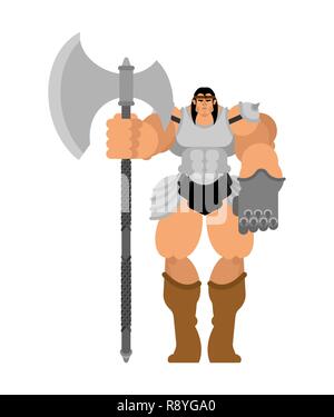 Barbarian with sword. Strong Warrior with weapons Big blade. berserk Brutal man. Strong Powerful Medieval Mercenary Soldier. Vector illustration Stock Vector