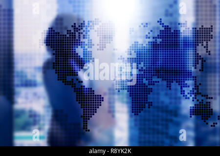 Double exposure world map. Global business and financial market concept. Stock Photo