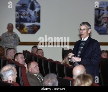 The Hon. Robert M. Speer, the Acting Secretary of the Army, speaks with Soldiers and civilians at a town hall meeting during a visit to Joint Base Langley-Eustis, Virginia March 17, 2017. Mr. Speer received briefings from TRADOC senior leaders, visited Soldiers in training, and received a tour of the base. Stock Photo