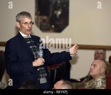 The Hon. Robert M. Speer, the Acting Secretary of the Army, speaks with Soldiers and Civilians at a town hall meeting during a visit to Joint Base Langley-Eustis, Virginia March 17, 2017. Mr. Speer received briefings from TRADOC senior leaders, visited Soldiers in training, and received a tour of the base. Stock Photo