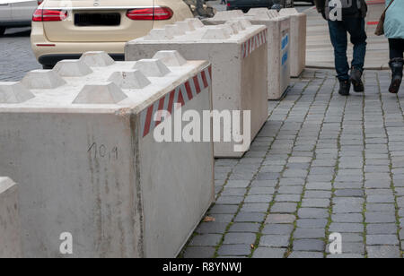 Dresden, Germany, December 14., 2018: Large cuboid blocks made of light grey concrete, to ward off terrorist attacks on visitors to the Christmas mark Stock Photo