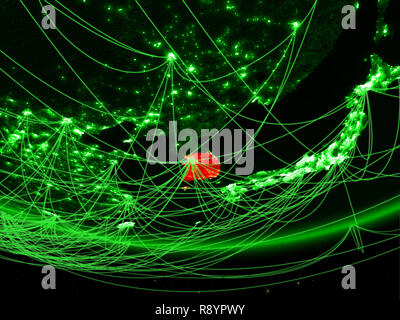 South Korea on green model of planet Earth with network at night ...