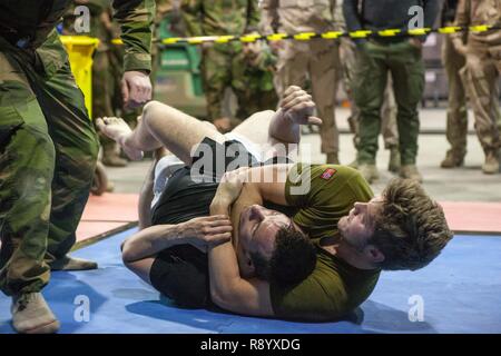 Norwegian Soldiers grapple during a combatives tournament dubbed Fight of the Week in Erbil, Iraq on March 19, 2017. The Norwegian Task Unit commander integrates combatives training into a tournament-style competition in order to increase the fighters skills, fitness and self-confidence and models the training after the U.S. Army's Modern Army Combatives Program. The hope is that the Norwegian Army eventually creates a similar program. Stock Photo