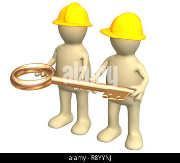 Two builders - puppets, holding in hands a gold key. Objects over white Stock Photo
