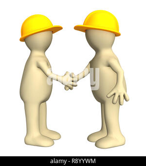 Hand shake of two puppets - builders Stock Photo