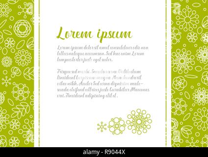 Minimalist floral love letter template with simple flowers made from basic shapes on the background - horizontal green version Stock Vector