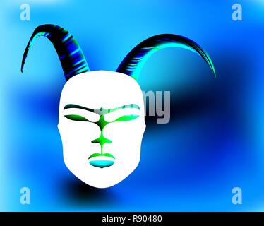 Horned mask ritual antique in African style. Black mask with Golden horns. Stock Vector