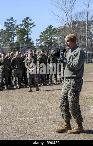 U.S. Marine Corps Col. Daniel P. O’Hora, commanding officer, Marine Corps Engineer School, gives his remarks during the Marine Corps Engineer School Annual St. Patrick’s Day Field Meet, Ellis Field, Courthouse Bay, Camp Lejeune, N.C., March 16, 2017. The field meet was held to strengthen camaraderie while celebrating the Patron Saint.
