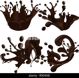 Set of realistic chocolate splashes isolated on white background. Vector illustration Stock Vector