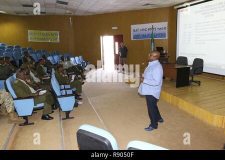 Larry Robinson, U.S. Army Africa Anti-Terrorism/Force Protection Division Chief, discusses security procedures during an overview briefing for the USARAF-led exercise Justified Accord 17, March 16, 2017, at the Peace Support Training Center in Addis Ababa, Ethiopia. JA17, scheduled to begin March 20, is an annual week-long joint exercise that brings together U.S. Army personnel, African partners, allies and international organizations to promote interoperability between participating nations for peacekeeping operations in the East Africa region. Stock Photo