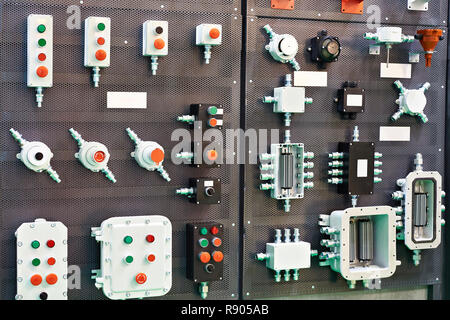 Push button panels and commutation boxes for industry on stand exhibition Stock Photo