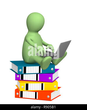 Puppet with a laptop on pile folders Stock Photo