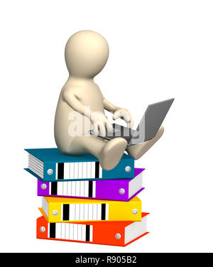 Puppet with a laptop on pile folders Stock Photo