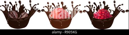Set of realistic chocolate splashes along with coffee, raspberries, pomegranate isolated on a white background. Vector illustration Stock Vector