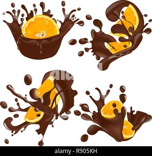 Set of realistic chocolate splashes with orange isolated on white background. Vector illustration Stock Vector