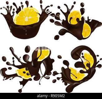 Set of realistic chocolate splashes together lemon isolated on a white background. Vector illustration. Lemon in chocolate Stock Vector