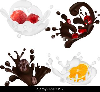 Set of realistic chocolate and milk splashes isolated on white background. Vector illustration. Orange, pomegranate, raspberry, coffee in chocolate. Fruit in chocolate Stock Vector