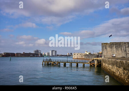 The entrance to Portsmouth harbour with the square tower in the foreground and the round tower behind. Stock Photo