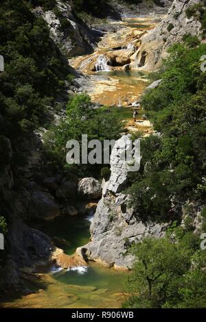 France, Pyrenees Orientales, Saint-Paul-de-Fenouillet, Galamus Canyon, overview of the site,person observing the gorge from a promontory Stock Photo